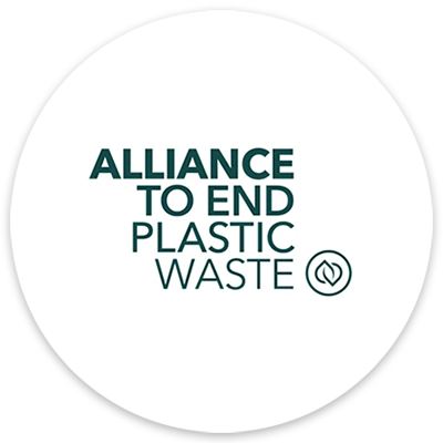 Green text says “Alliance to End Plastic Waste.” To the right is a round, green logo of interlocking leaves.