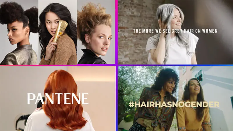 Four images are placed in a four by four grid. They feature seven women with a wide range of hair colors and textures. A white Pantene text logo is centered in the bottom left image.