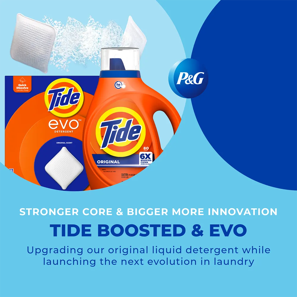 Two laundry detergent formats are presented: a classic liquid bottle and innovative dissolvable detergent squares, emphasizing improved cleaning performance.