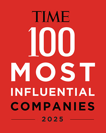 A vertical red rectangle. Black and white text says “TIME 100 most influential companies 2025.”