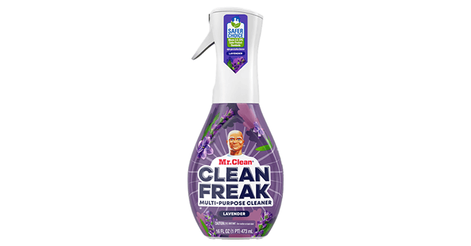 Spray bottle with a purple background and flowers, indicating the lavender scent. The bottle cap and squeeze lever are white. An illustration of a bald man wearing a white t-shirt represents the brand's mascot, Mr. Clean.