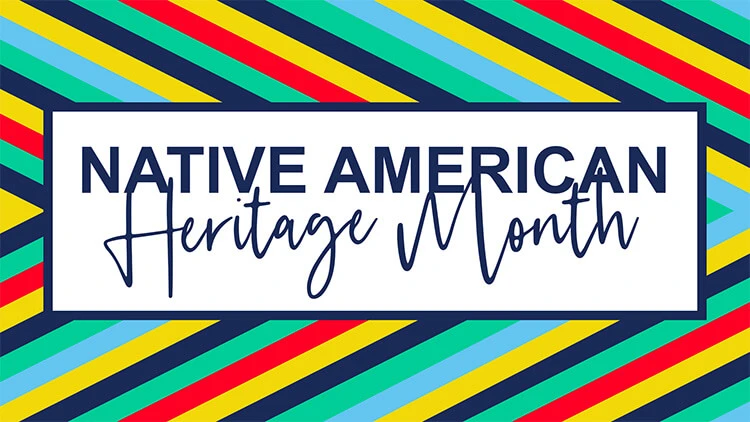 A repeating pattern of dark blue, yellow, red and teal stripes fill the background. A white block is centered in the foreground with the title "native american heritage month" written in dark blue.