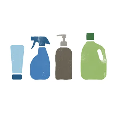 An illustration of four bottles of personal and home products.