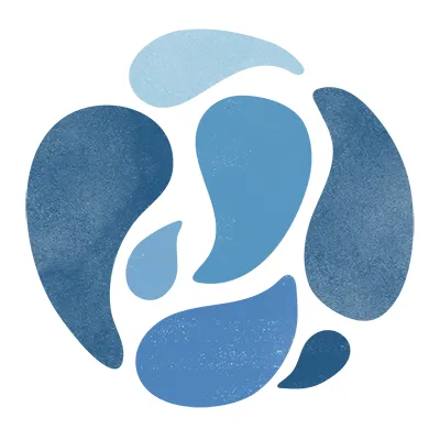 A circular logo with different shades of blue droplets clustered to be reminiscent of a globe icon.