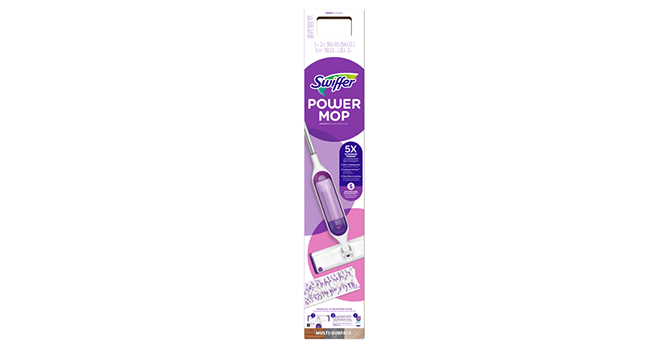 A tall and narrow product box displays a partial image of the swiffer power mop. Bright purple and pink circles decorate the background, as well as white typeface listing product details.