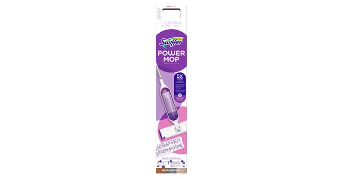 A tall and narrow product box displays a partial image of the swiffer power mop. Bright purple and pink circles decorate the background, as well as white typeface listing product details.