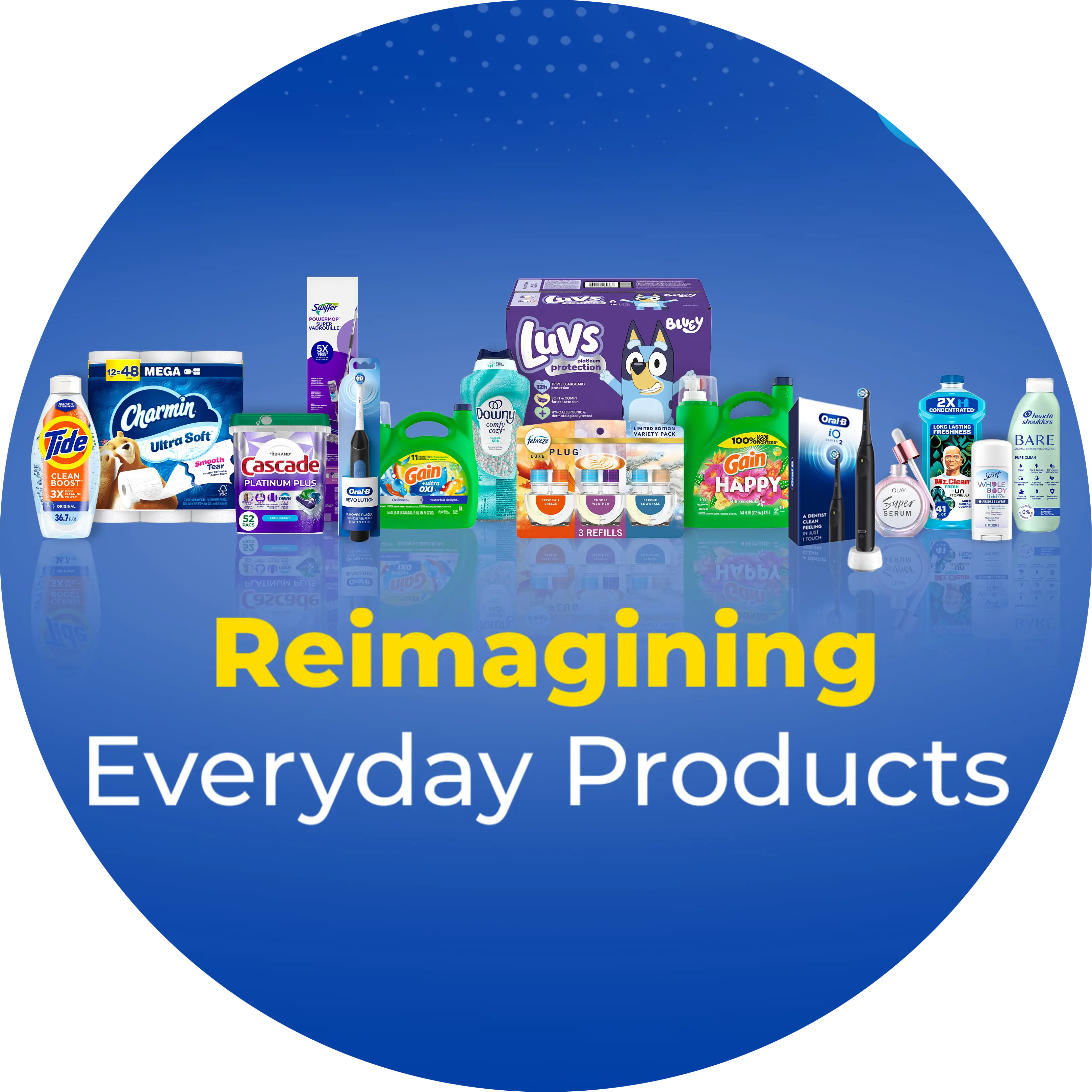 Fifteen personal and home care products lined up in a row against a blue background.