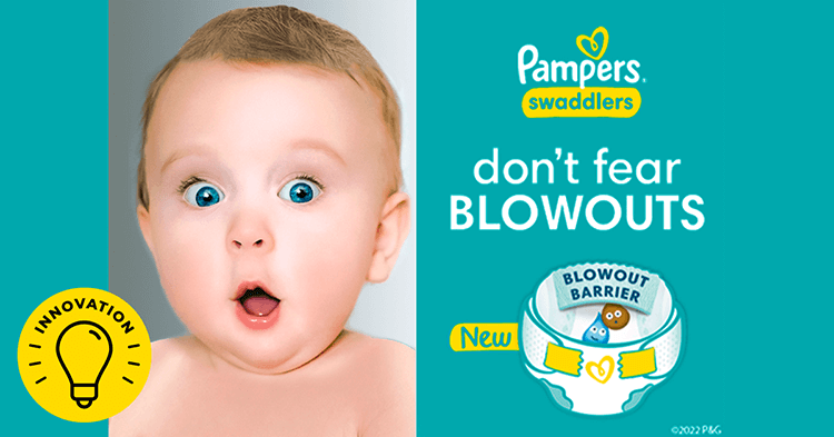 A baby boy with light skin, blond hair, and blue eyes looks surprised beside the Pampers Swaddlers logo and 'Don't Fear Blowouts' text. It highlights the diaper's Blowout Barrier for leak and blowout prevention.