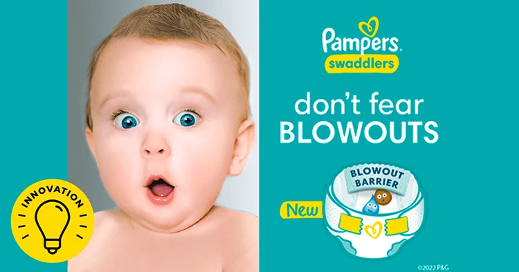 A baby boy with light skin, blond hair, and blue eyes looks surprised beside the Pampers Swaddlers logo and 'Don't Fear Blowouts' text. It highlights the diaper's Blowout Barrier for leak and blowout prevention.