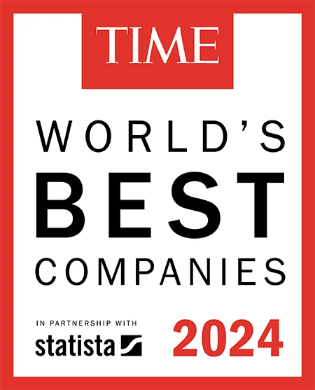 Black text says “World’s best companies 2024. In partnership with statista.” The red and white TIME logo is at the top. And a bright red border frames the image.
