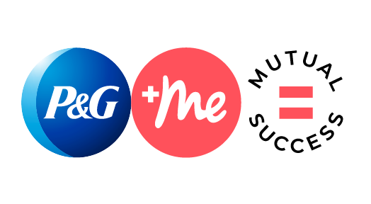 A logo features three round circles. The blue Procter and Gamble logo, a pink circle with Me in white text, and a pink equal symbol with "Mutual Success" circling it.