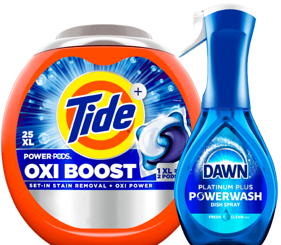 Tide Power PODS Oxi Boost (orange tub) and Dawn Powerwash Dish Spray, Platinum (trigger bottle)