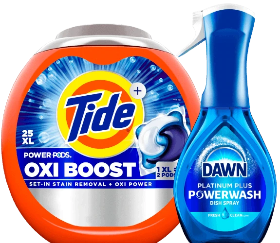 Tide Power PODS Oxi Boost (orange tub)  and Dawn Powerwash Dish Spray, Platinum (trigger bottle)