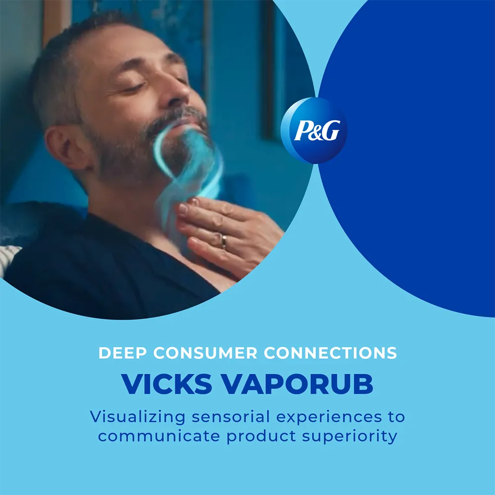 A man with his eyes closed applies Vicks VapoRub, with blue vapor emanating from his chest, demonstrating "Deep Consumer Connections" and product superiority.