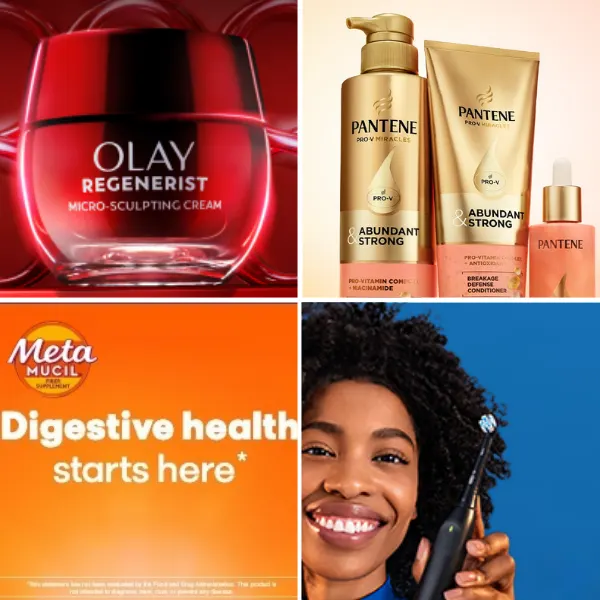 Collage featuring four consumer products: Olay Regenerist Micro-Sculpting Cream, Pantene Pro-V Miracle's Abundant & Strong hair care products, Metamucil digestive health supplement, and an Oral-B electric toothbrush held beside a smiling woman