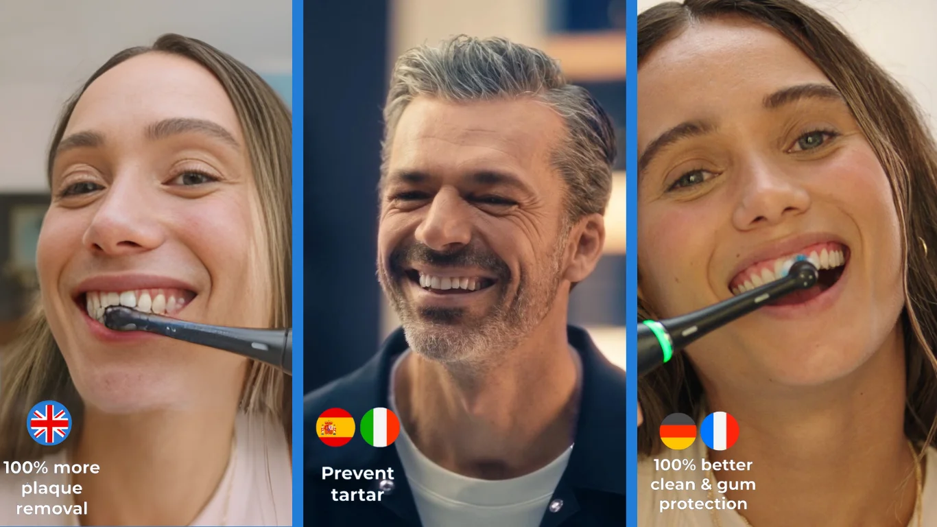 A collage of three images. From left to right they feature a woman brushing her teeth, a man smiling, and another woman also brushing her teeth.