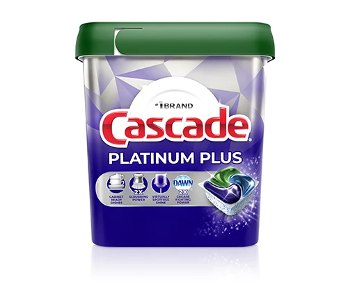 A green, purple and white square plastic container of dishwasher detergent pods.