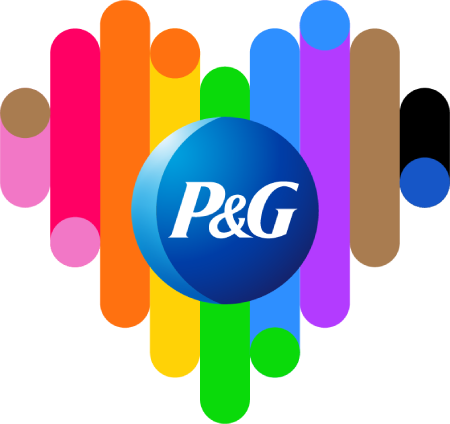 A multicolored heart representing the Pride flag features the round, blue and white Procter and Gamble logo in the center.