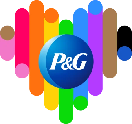 A multicolored heart representing the Pride flag features the round, blue and white Procter and Gamble logo in the center.