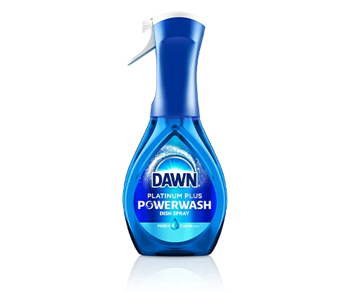 A blue spray bottle of Dawn Platinum Plus Powerwash dish detergent.