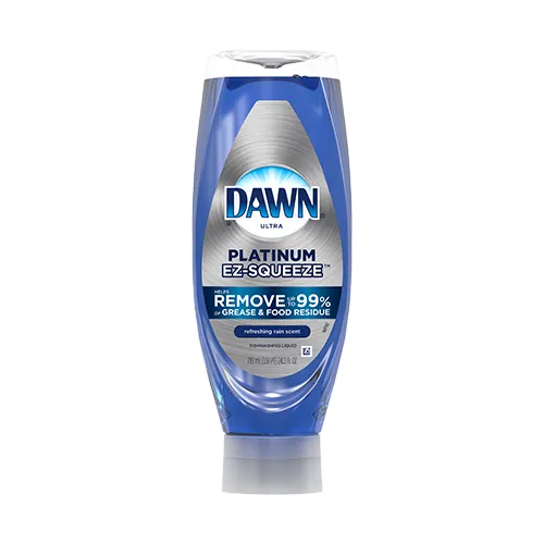 A blue bottle of dish detergent. It is upside down with the squeeze cap on the bottom.