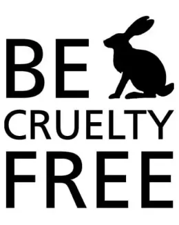 Black Be Cruelty Free text and rabbit silhouette on a white background.