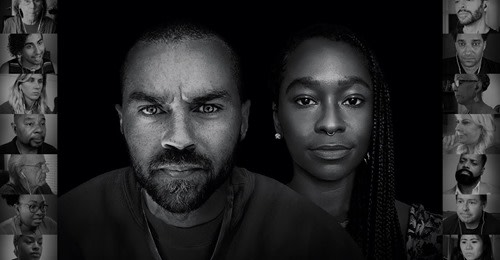 A male and a female person are looking into the camera, with vertically aligned photos of various people are stacked on both sides of the image