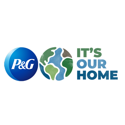 The blue P&G logo is next to a blue, green and brown illustration of Earth. Next to both images is blue and green text that reads, "It's our home."