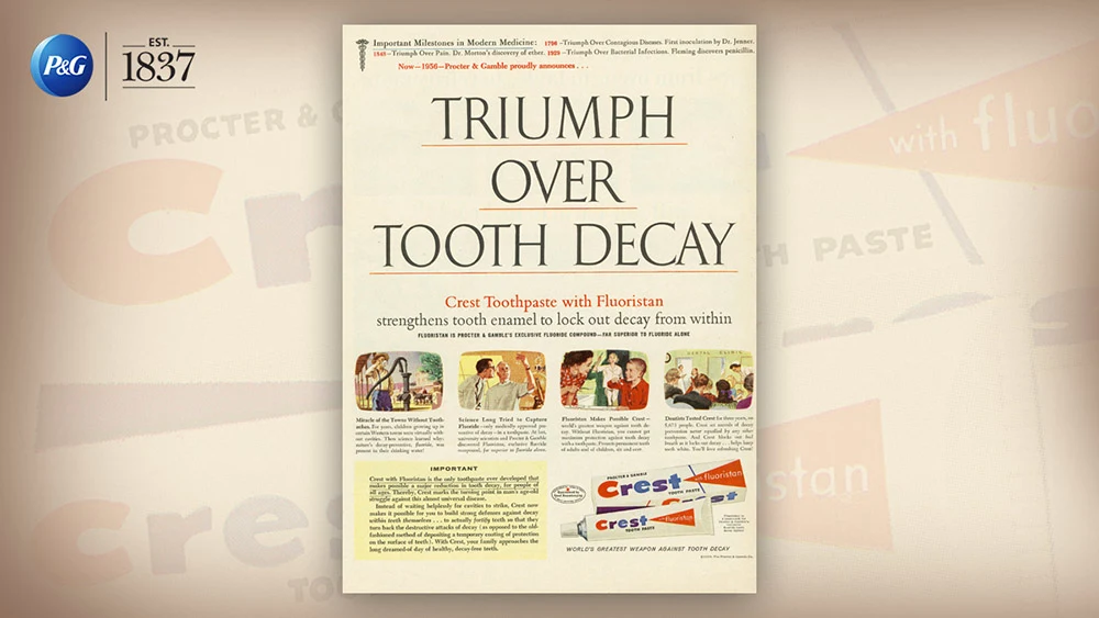 An old, full-page print ad for Crest toothpaste includes images of the product tube and packaging, along with illustrated vignettes and red and white text outlining product benefit. The headline reads, "triumph over tooth decay."