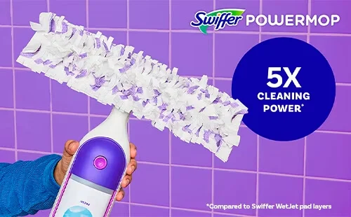 A hand holds up a Swiffer PowerMop. Against a purple tile backdrop, white text says “5X cleaning power compared to Swiffer WetJet pad layers.” A text logo says Swiffer PowerMop.