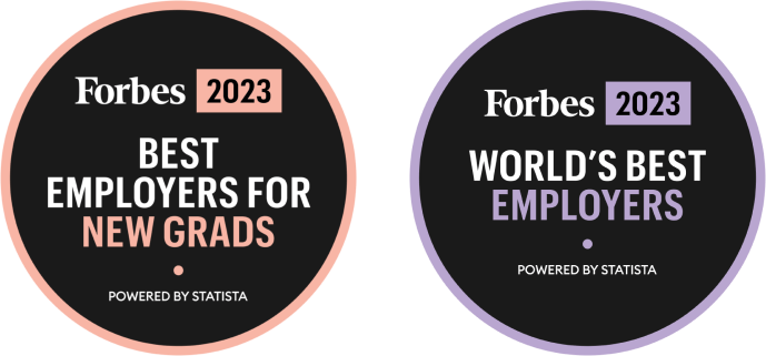 Black circle with white and peach text: Forbes 2023 Best Employers for New Grads. Powered by Statista. Black circle with white and purple text: Forbes 2023 World’s Best Employers. Powered by Statista.
