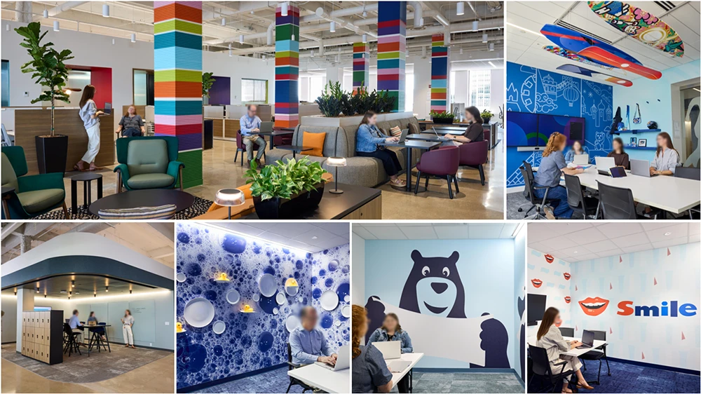 Photo collage of open office spaces with vibrant striped columns, casual workspaces, and cheerful wall art.