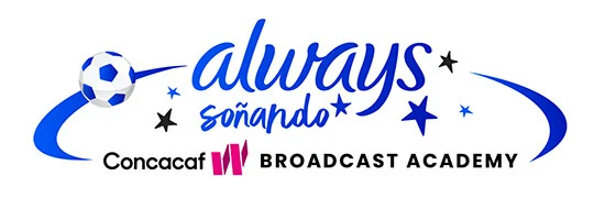 Animated logo for Always Soñando Concacaf Broadcast Academy, which includes a blue oval loop, black and white stars, and a blue and white soccer ball.