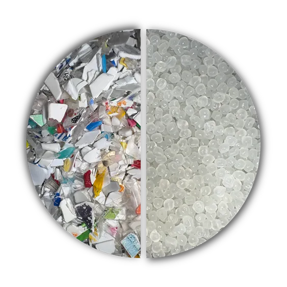 A circle divided in two. The left side displays a mixture of colorful and opaque plastic. On the left are clear, translucent pebbles of plastic.