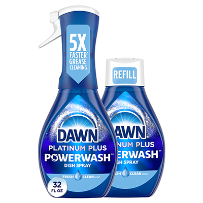 A blue bottle of Dawn Platinum Plus Powerwash dish spray. The bottle has a blue and white squeeze handle at the top and is next to a smaller blue refill bottle.