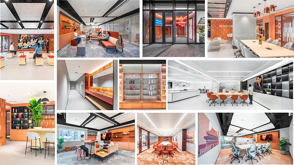 Collage of a modern office featuring warm orange walls, cozy lounge areas, conference rooms, and a large mural.