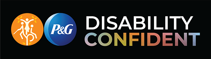 Bumper sticker decal with black background, P&G and Disability Confident Logos, and the word “Disability” written in white font and the word “Confident” written in multicolors that fade into one another.