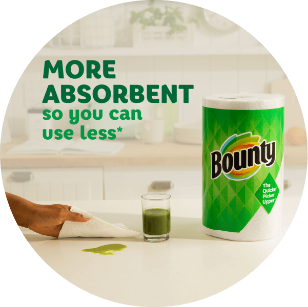Advertisement for Bounty paper towels with the text “More Absorbent So You Can Use Less” and a package of Charmin toilet tissue with the text “longer lasting rolls”  