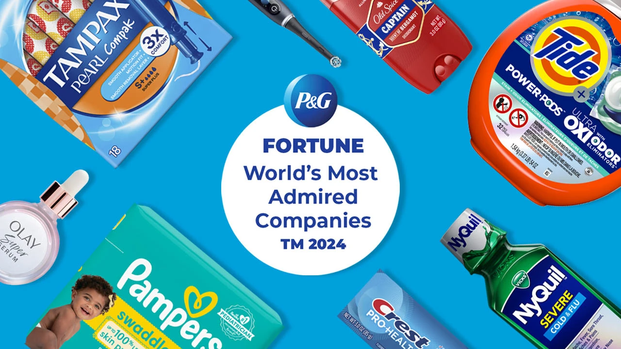 Eight different personal and home care products are laid down across a blue backdrop. They're positioned around a white circle with blue text that says "Fortune world's most admired companies TM 2024."