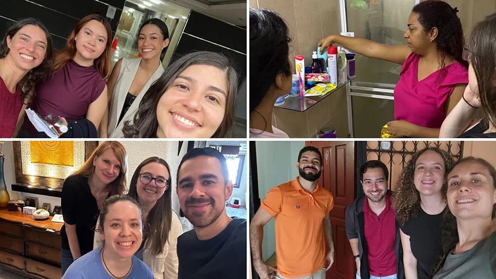 A collage of four images, featuring several Latin American men and women in various homes.