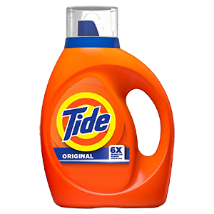 An orange bottle of laundry detergent with a clear measuring cap, featuring a prominent logo and "Original" scent, against a black background.