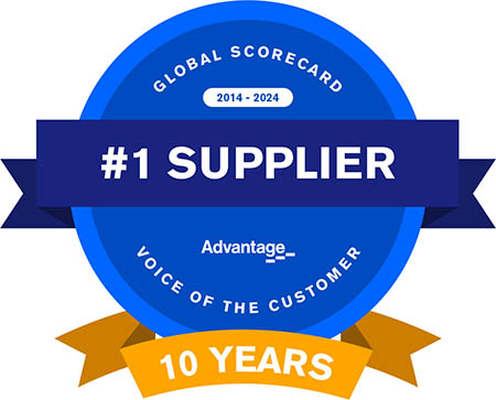 A blue circle with a yellow ribbon beneath it. White text says “Global scorecard 2014-2024. #1 Supplier. Voice of the customer. 10 years.”