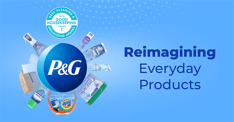 Eight different P&G household products in a circular shape around the blue and white company logo. Above is the white and teal 2023 good housekeeping award logo. To the right of these logos and images is the tagline "reimagining everyday products".