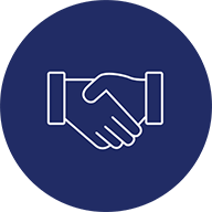 An outline of two hands shaking against a dark blue background. A magenta circle outline surrounds the icon.