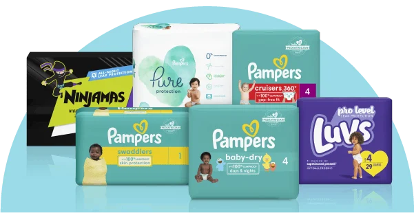 Packages of Pampers Pure Protection, Pampers Swaddlers, Pampers Cruisers, Pampers Baby-Dry, Luvs, and Ninjamas