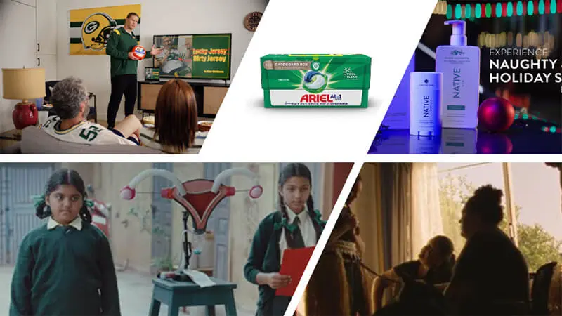 A collage of five images feature some of Procter & Gamble's laundry and personal care products, as well as as several people in three advertisements.