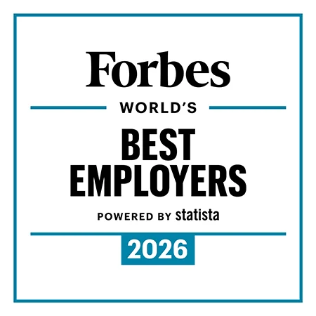 Black text say “Forbes world’s best employers. Powered by Statista. 2026” A blue line frames the image.