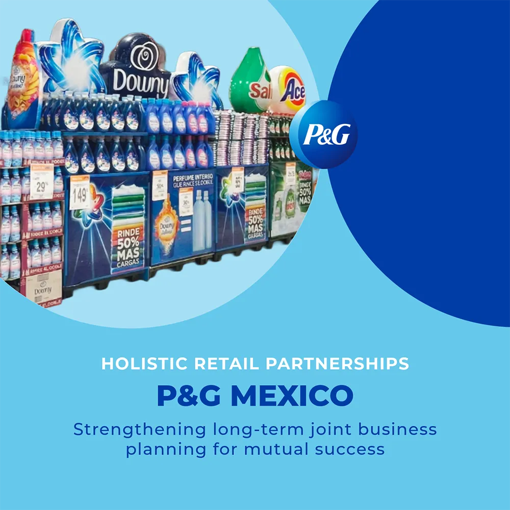 Store shelf stocked with numerous bottles of laundry detergents and fabric softeners, featuring large brand logos and promotional signage.