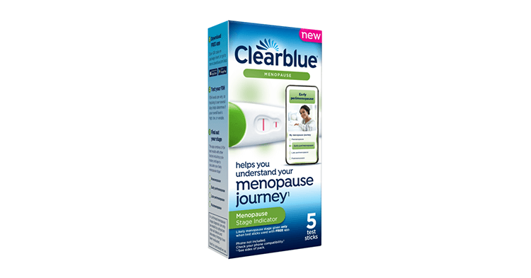 A blue and white box with a blue Clearblue logo and product name. The box features the image of a digital menopause test and text indicating its results help you understand your menopause journey.