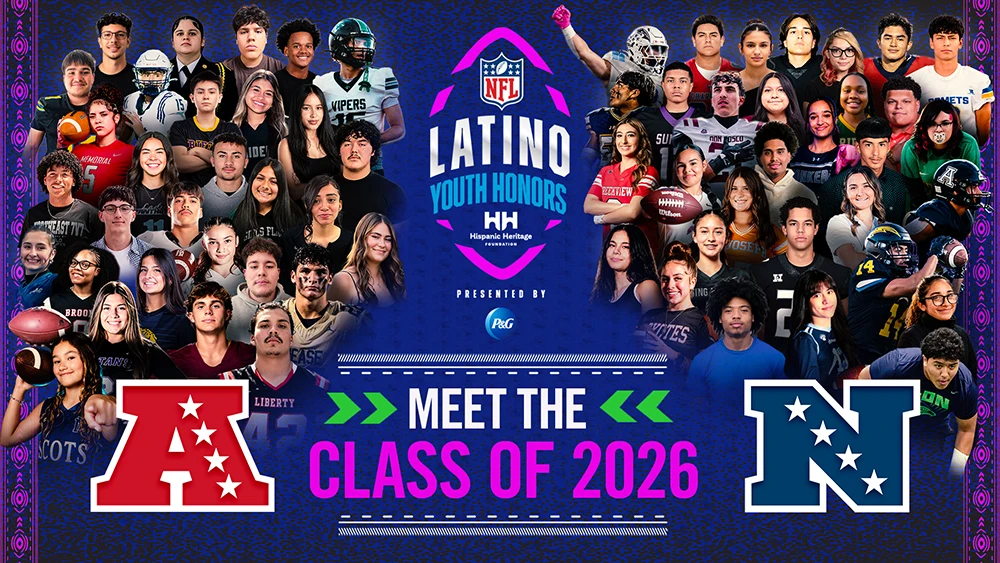 A collage of young Hispanic athletes and students against a purple background. Text graphic announcing students of an NFL youth program.